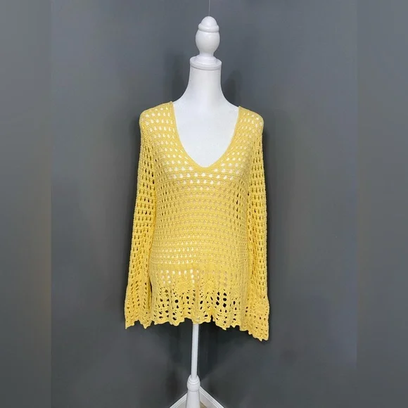Women’s Crochet Yellow Long Sleeve Top Boho Beach Hippie Festival Fairy Y2K Sz M - Picture 1 of 16